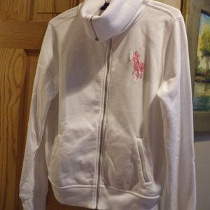 RALPH LAUREN POLO ZIP FRONT Turtleneck SWEATSHIRT   ~ White + Pink Logo ~   Size